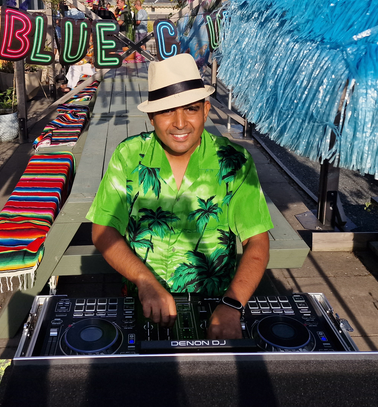 DJ met mengtafel op een tropisch aangekleed buitenfeest