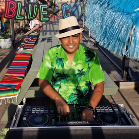 DJ met mengtafel op een tropisch aangekleed buitenfeest